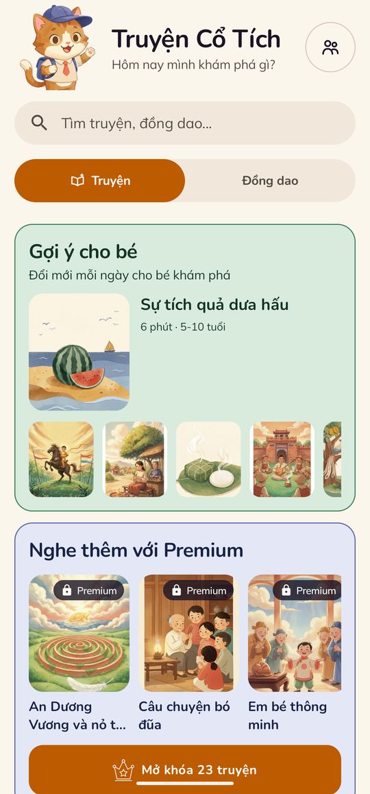 Màn hình chính ứng dụng Truyện Cổ Tích, hiển thị mục Gợi ý cho bé và các truyện đề xuất